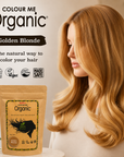 Woman with blonde hair next to a packet of Colour Me Organic hair color, with brand logos displayed.