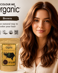 Woman with brown hair next to a 'Colour Me Organic' hair color product packaging.