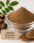 A glass bowl filled with brown Sapindus mukorossi powder, shown with a small wooden spoon, loose powder, dark brown fruit pods, green leaves, and a label reading 'Sapindus mukorossi (Reetha Fruit)' on a light neutral background.