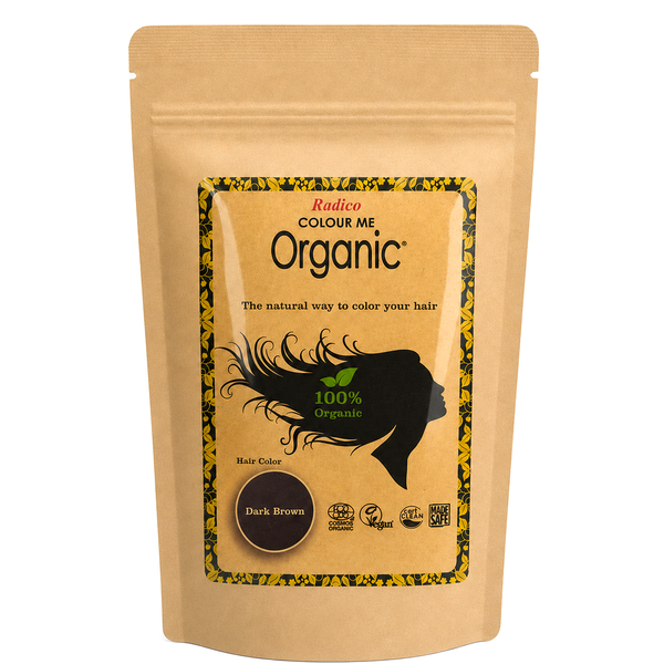 A stand-up kraft paper pouch of Radix Color Me Organic Hair Color in the shade Dark Brown, shown against a plain white background.