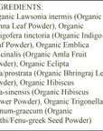 Organic Hair Color - Ingredients - Auburn Red - oraganic henna leaf powder - organic indigo leaf powder - organic amla fruit powder - organic bhringraj leaf powder - organic hibiscus flower powder - organic methi/fenu greek seed powder