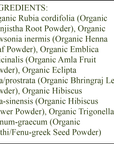 Organic Hair Color - Ingredients - Wine Red - organic manjistha root powder - organic henna leaf powder - organic amla fruit powder - organic bhringraj leaf powder - organic hibiscus flower powder - organic methi/fenu greek seed powder