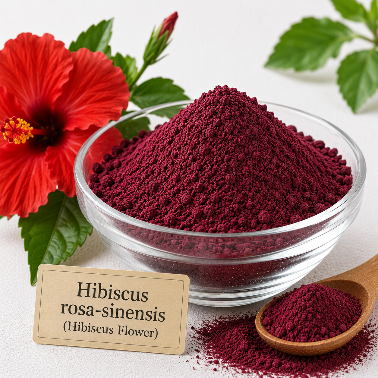 A clear glass bowl filled with deep burgundy hibiscus powder, with a small wooden spoon holding more powder, a real red hibiscus flower and green leaves beside it, and a label card reading 'Hibiscus rosa-sinensis (Hibiscus Flower)'.
