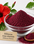 A clear glass bowl filled with deep burgundy hibiscus powder, with a small wooden spoon holding more powder, a real red hibiscus flower and green leaves beside it, and a label card reading 'Hibiscus rosa-sinensis (Hibiscus Flower)'.