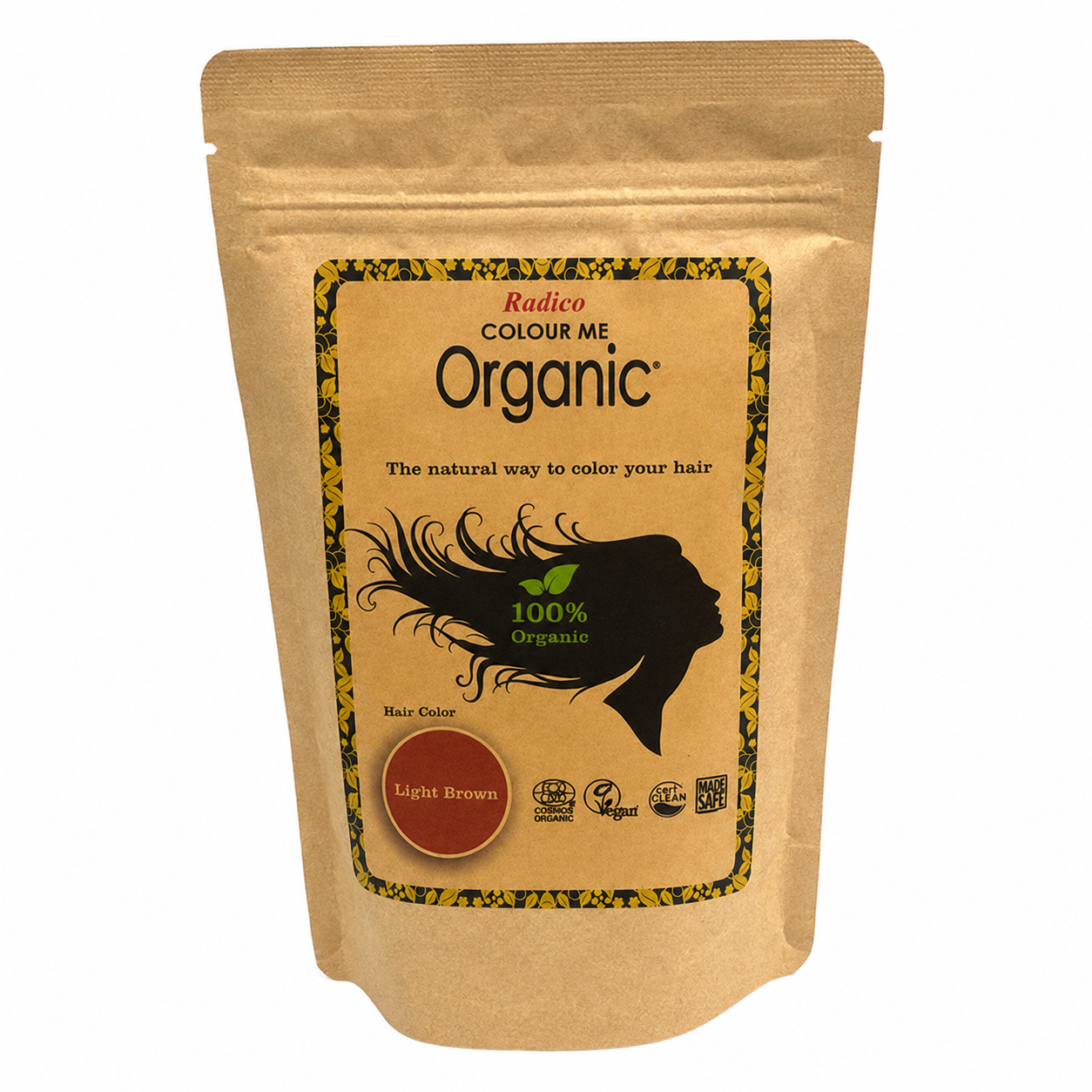 A stand-up pouch of Radico Colour Me Organic hair dye in the shade Light Brown, shown against a plain white background.