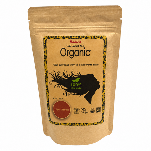 A stand-up pouch of Radico Colour Me Organic hair dye in the shade Light Brown, shown against a plain white background.