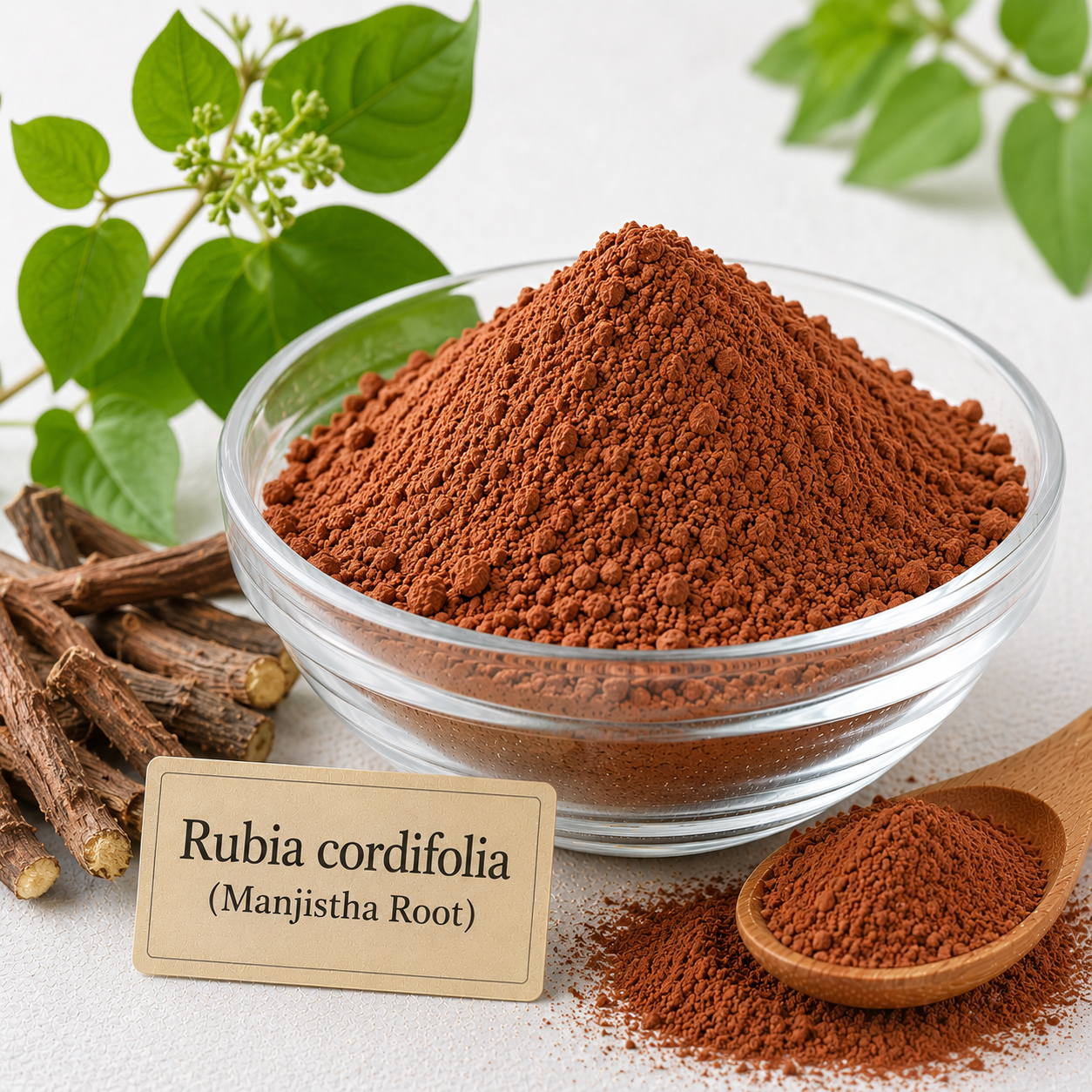 A clear glass bowl filled with reddish-brown powder labeled 'Rubia cordifolia (Manjistha Root)', with loose roots, a wooden spoon of the powder, and green leaves on a light background.