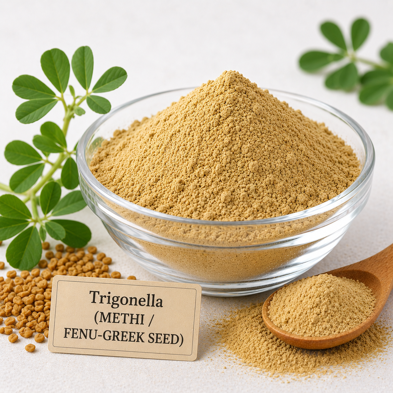 A clear glass bowl filled with tan powder, surrounded by green methi leaves, loose seeds, a wooden spoon with powder, and a small label reading 'Trigonella (METHI / FENU-GREEK SEED)'.