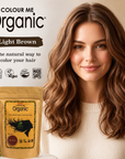 Woman with light brown hair next to a 'Colour Me Organic' product package.