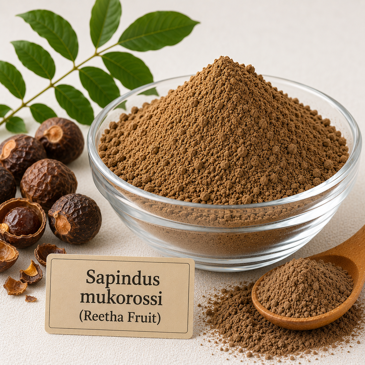 A glass bowl filled with brown Sapindus mukorossi powder, shown with a small wooden spoon, loose powder, dark brown fruit pods, green leaves, and a label reading 'Sapindus mukorossi (Reetha Fruit)' on a light neutral background.