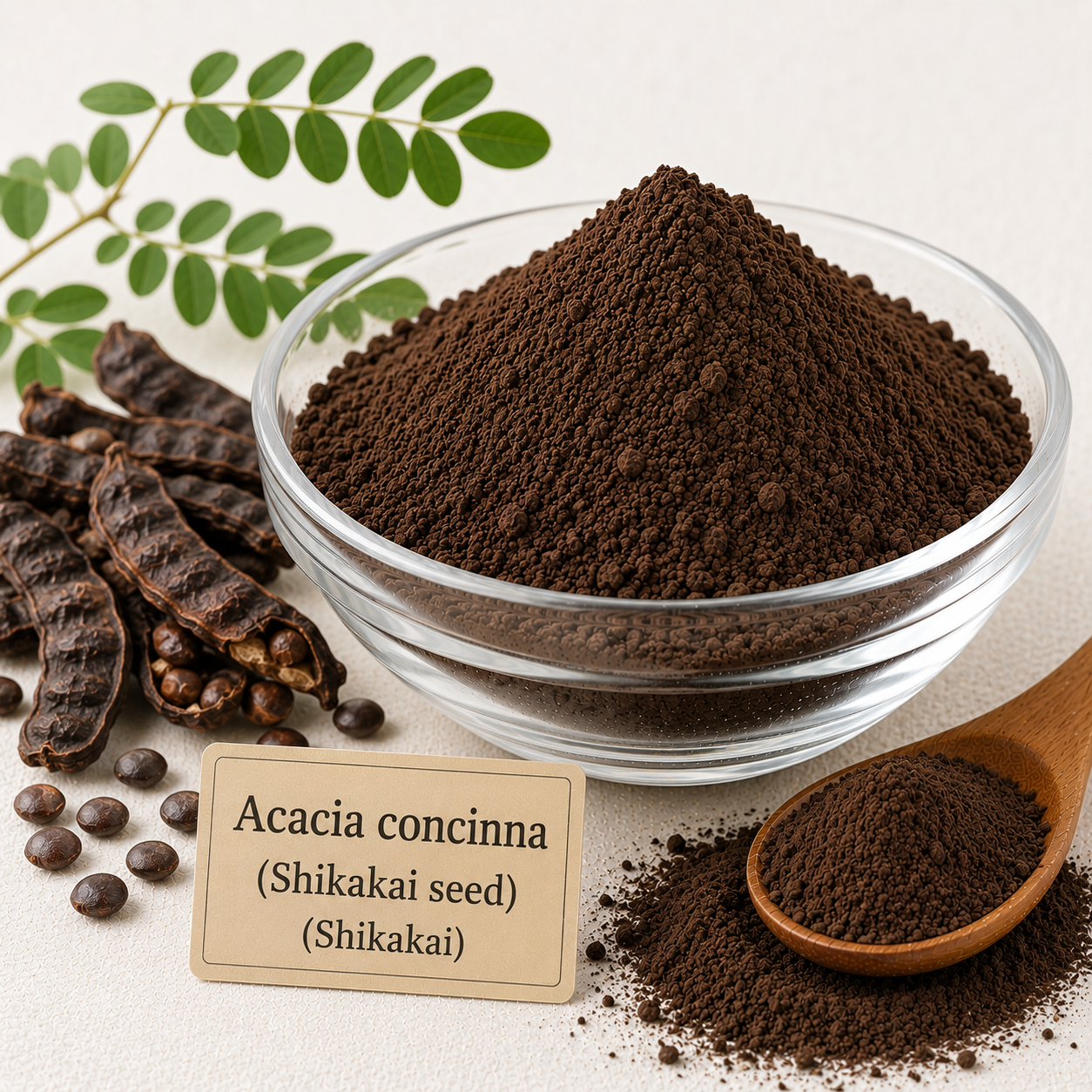 A clear glass bowl filled with dark brown Acacia concinna powder, shown with whole seed pods, loose seeds, a wooden spoon, and a small label reading 'Acacia concinna (Shikakai seed) (Shikakai)'.