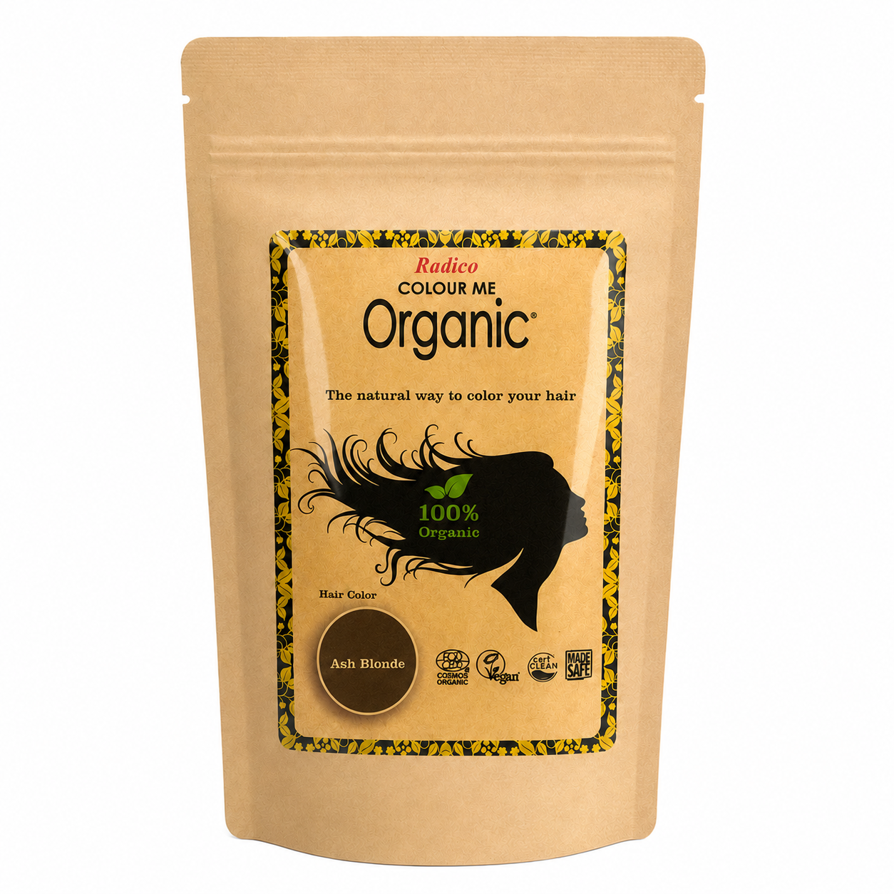 A stand-up kraft paper pouch of Radico Colour Me Organic Ash Blonde hair color, featuring a central label with a black hair silhouette and a brown color circle.