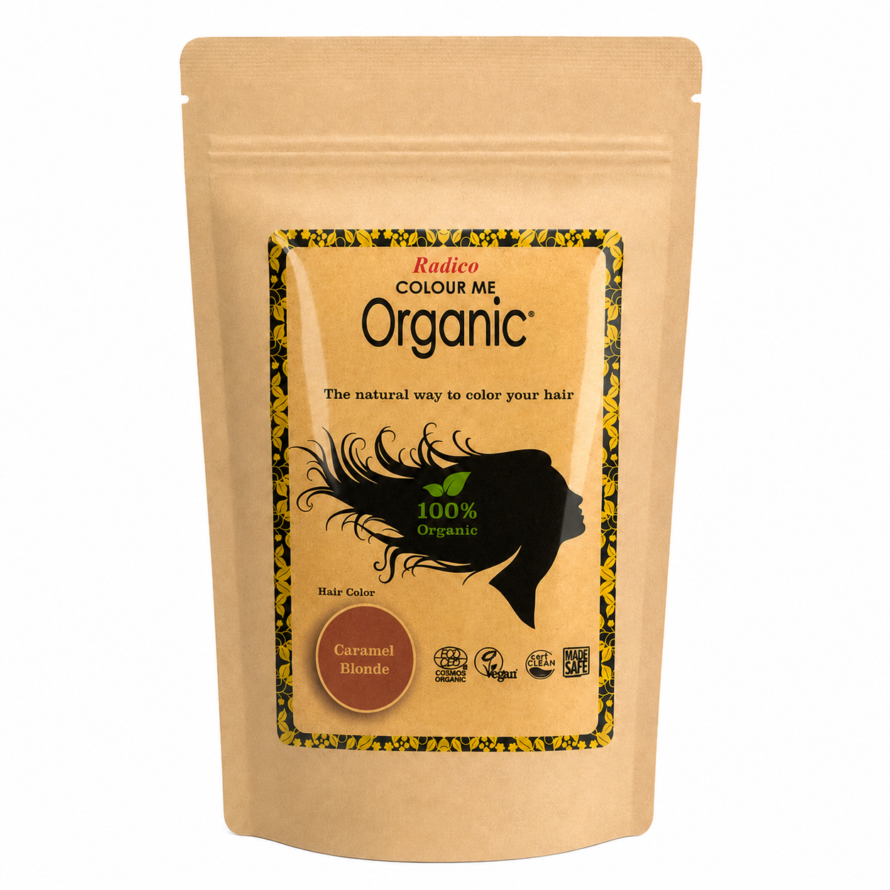 A stand-up kraft paper pouch of Radico Colour Me Organic Hair Color in Caramel Blonde, shown against a plain white background.