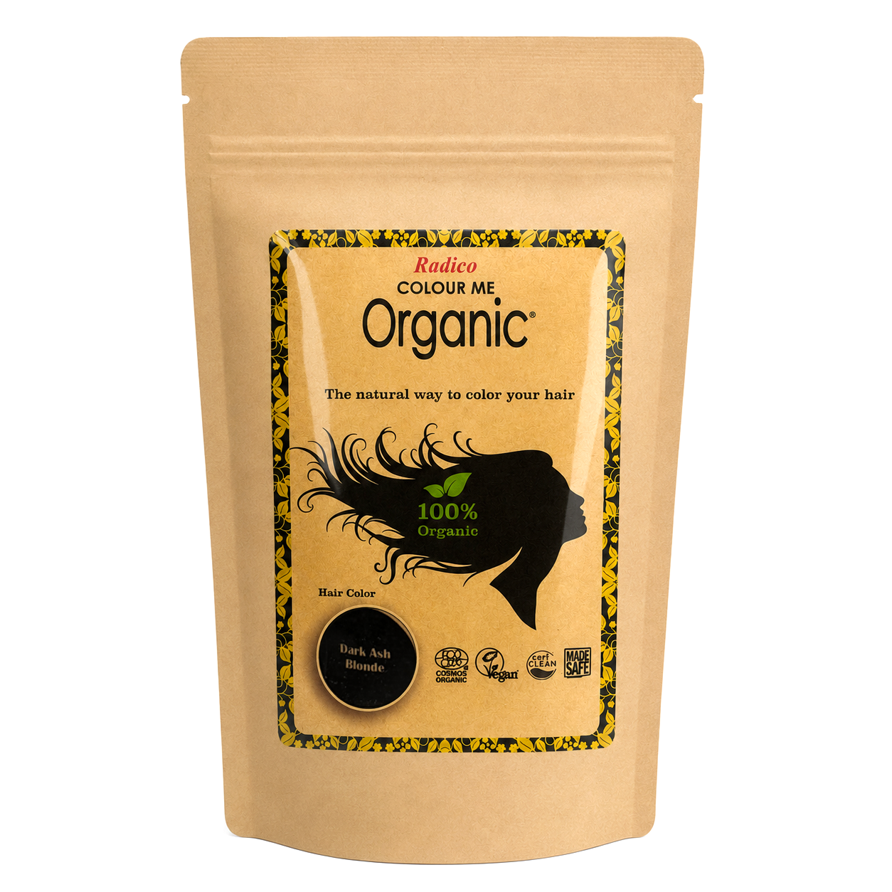 A stand-up kraft paper pouch of Radico Colour Me Organic Hair Color on a plain white background.