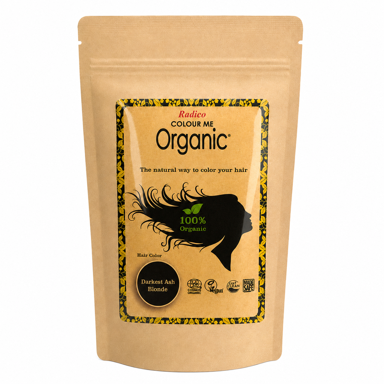 A stand-up kraft paper pouch of Radico Colour Me Organic Instant Ash Blonde hair color, featuring a central label with a black hair silhouette and yellow patterned border.