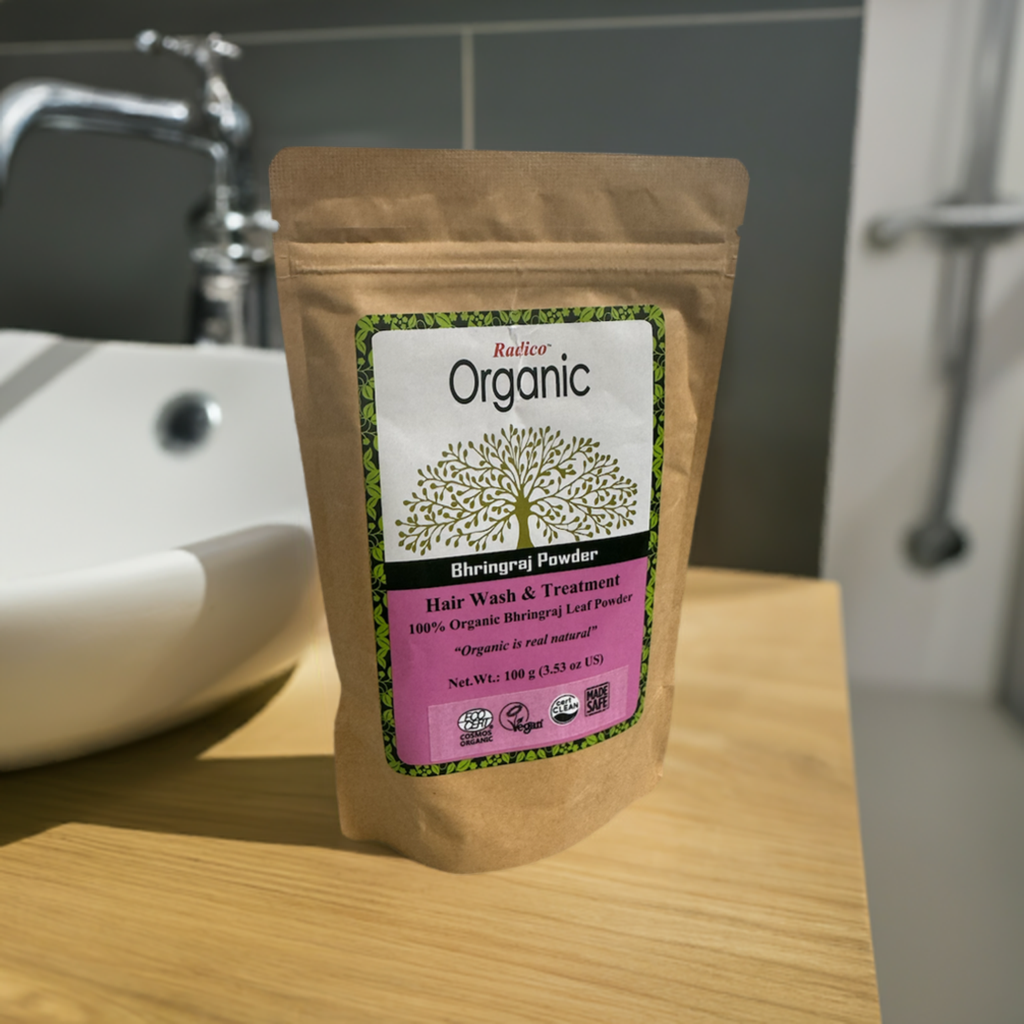 bhringraj leaf hair powder on the sink