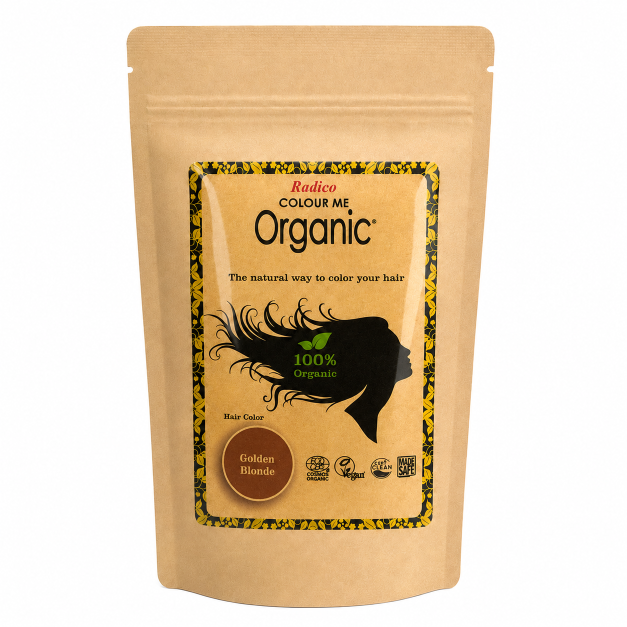 A stand-up kraft paper pouch of Radico Colour Me Organic hair color in Golden Blonde, featuring a central label with a black hair silhouette and a gold and yellow patterned border.