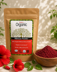 A stand-up pouch of Radix Organic Hibiscus Powder stands on a light surface with red hibiscus flowers and a small wooden bowl of the powder in front. The pouch label reads Organic and Hibiscus Powder, with green leaves and a softly blurred outdoor background.