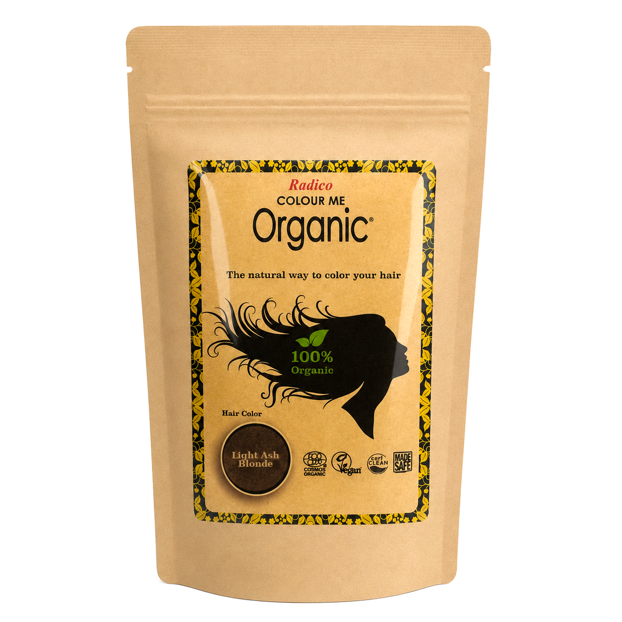 A stand-up kraft paper pouch of Radico Colour Me Organic Hair Color in Light Ash Blonde, featuring a central label with a black hair silhouette and yellow patterned border.