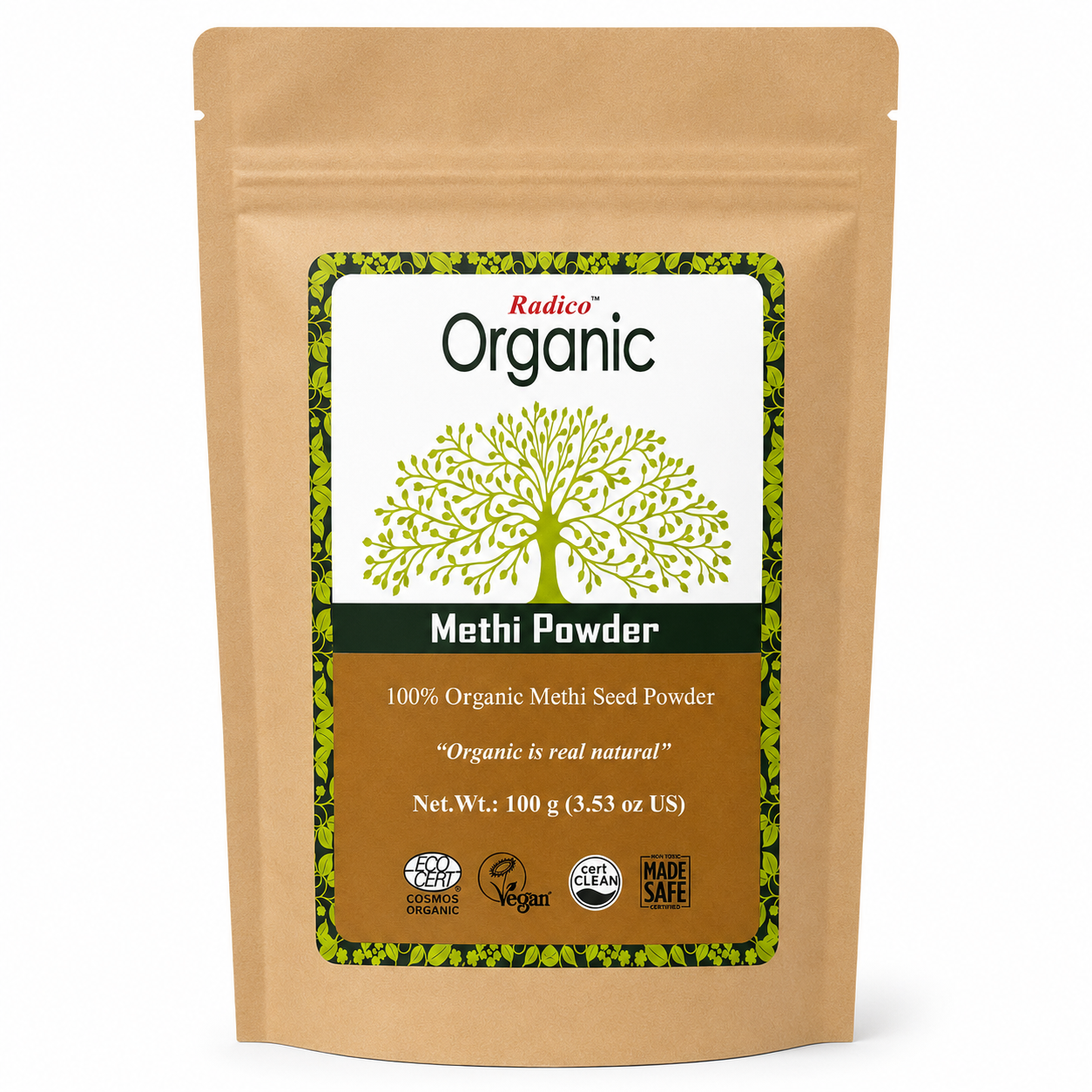 A stand-up kraft paper pouch of Radico Organic Methi Powder, featuring a white and brown label with a green tree logo and various certification badges.