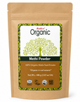 A stand-up kraft paper pouch of Radico Organic Methi Powder, featuring a white and brown label with a green tree logo and various certification badges.