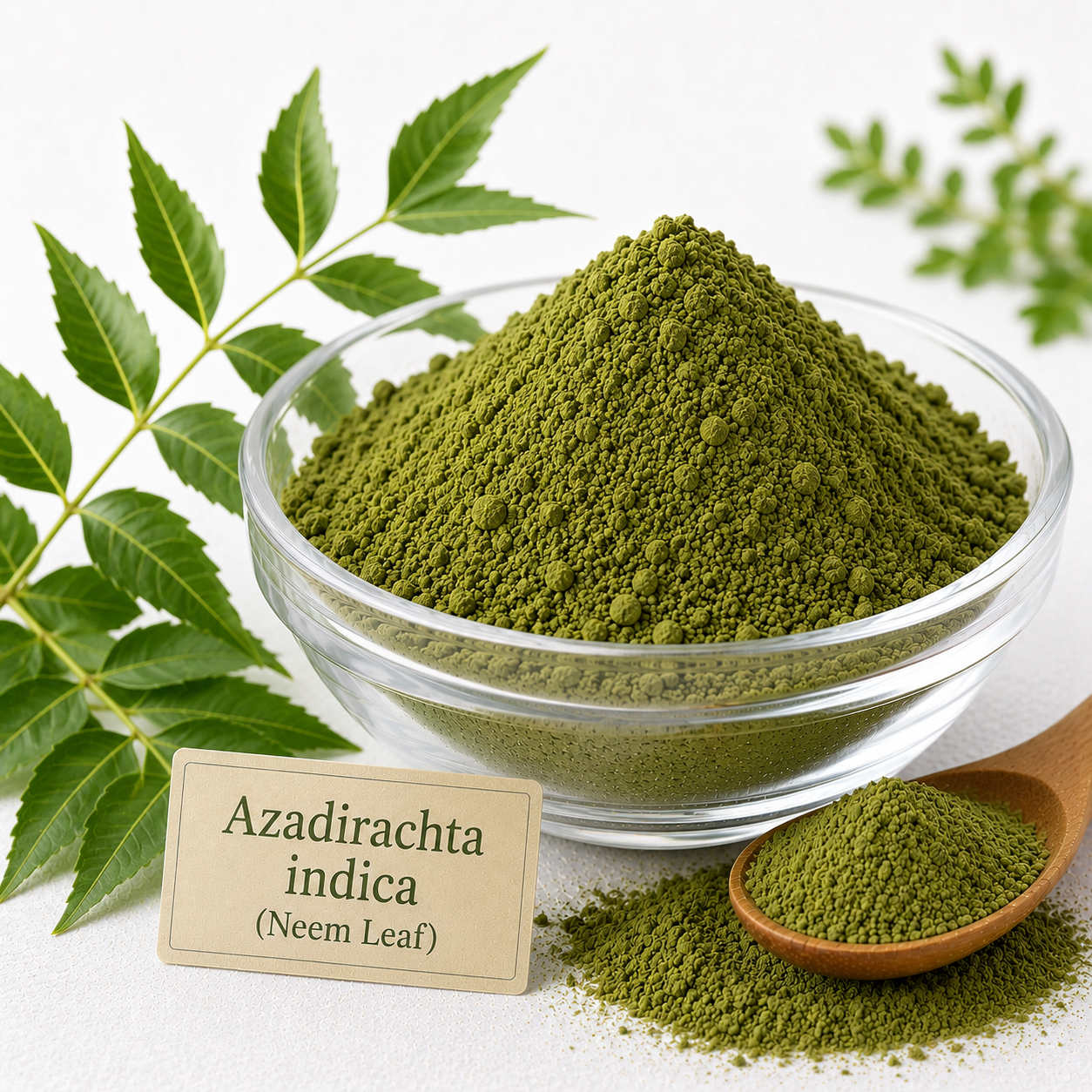 Green neem powder piled in a clear glass bowl, with a small wooden spoon of powder, scattered powder, and a label reading 'Azadirachta indica (Neem Leaf)' on a white background with green neem leaves.