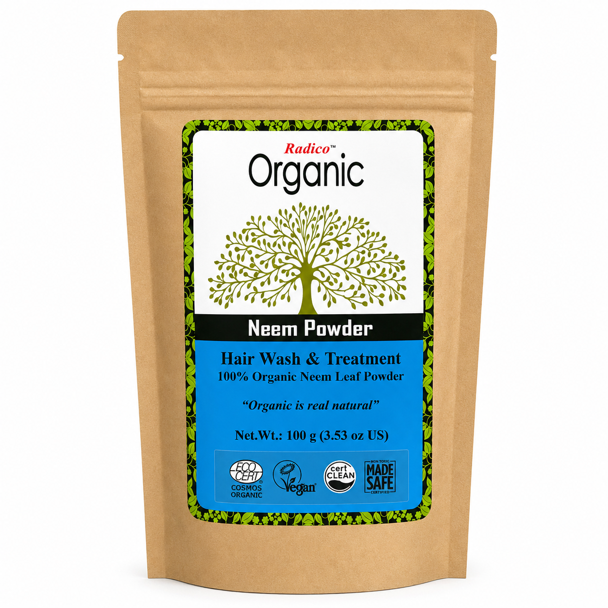 A stand-up kraft paper pouch of Radico Organic Neem Powder Hair Wash & Treatment, featuring a white and blue label with a green tree graphic and certification logos.