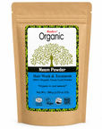 A stand-up kraft paper pouch of Radico Organic Neem Powder Hair Wash & Treatment, featuring a white and blue label with a green tree graphic and certification logos.