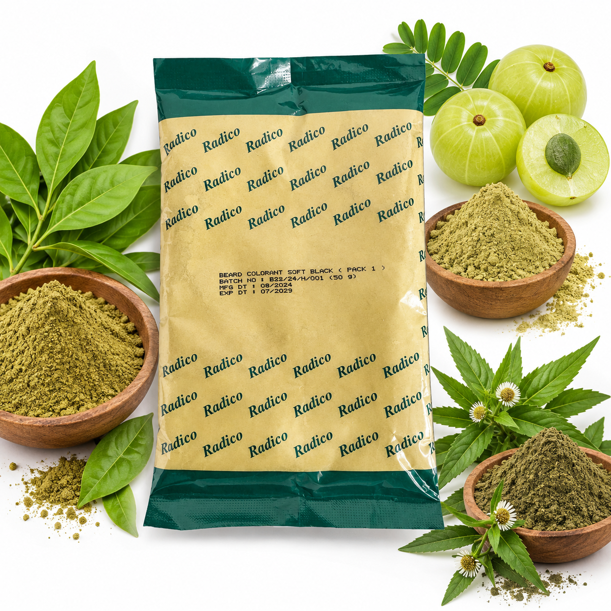 pack1 of facial hair dyeing powder within henna leaf, amla fruit and bringraj leaf