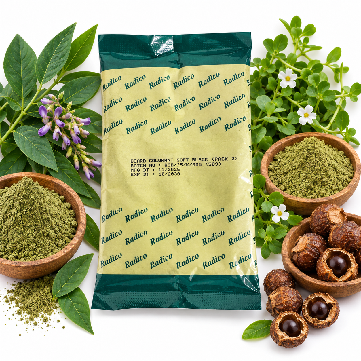 pack2 of facial hair dyeing powder within indigo leaf, brahmi leaf and reetha fruit