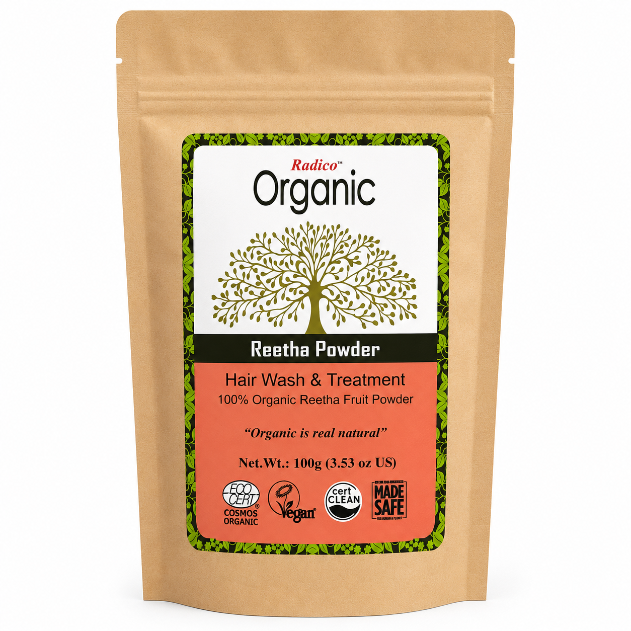 A stand-up kraft paper pouch of Radico Organic Reetha Powder Hair Wash & Treatment, featuring a white, black, green, and orange label with certification logos.