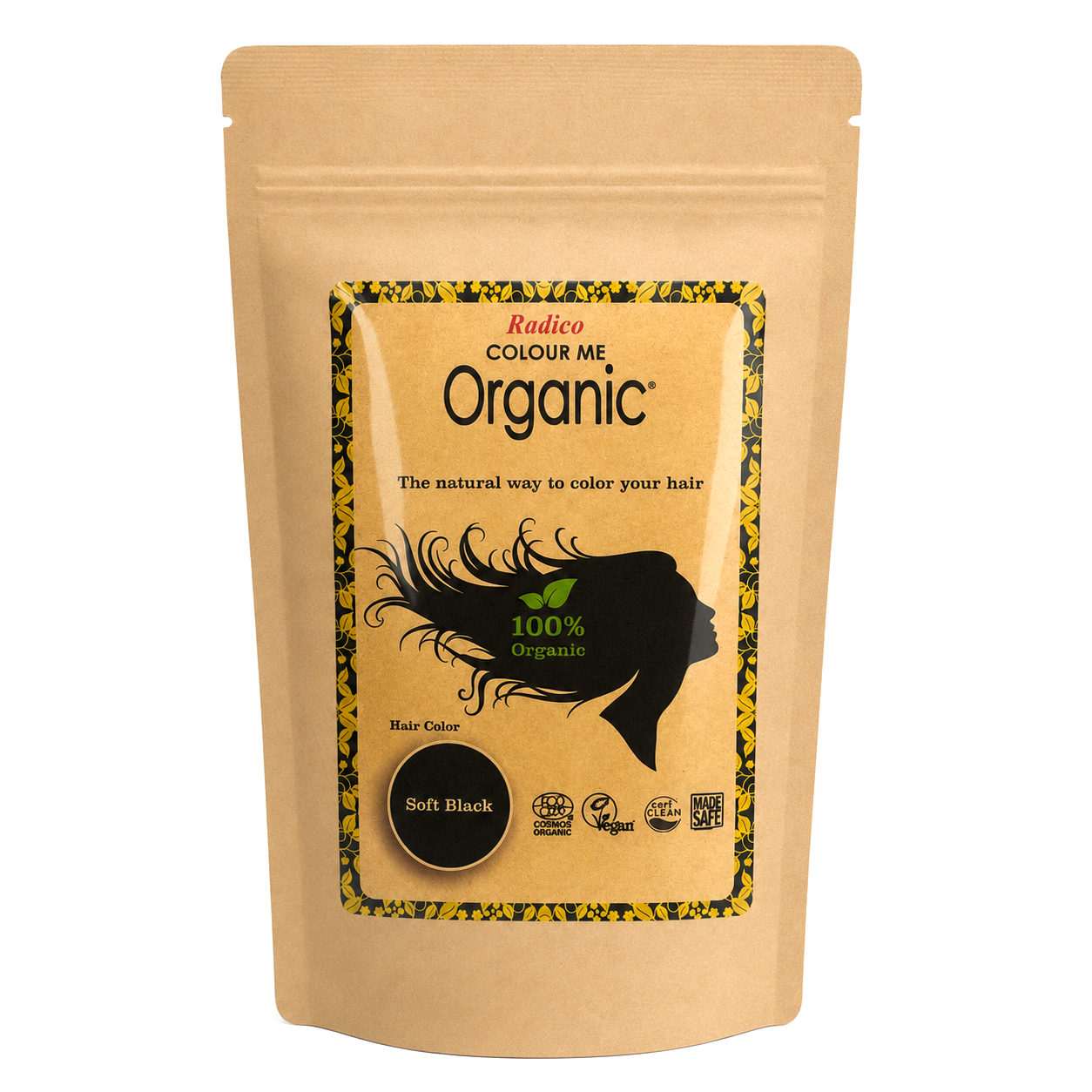 A stand-up kraft paper pouch of Radico Colour Me Organic hair color powder, labeled Soft Black, on a plain white background.