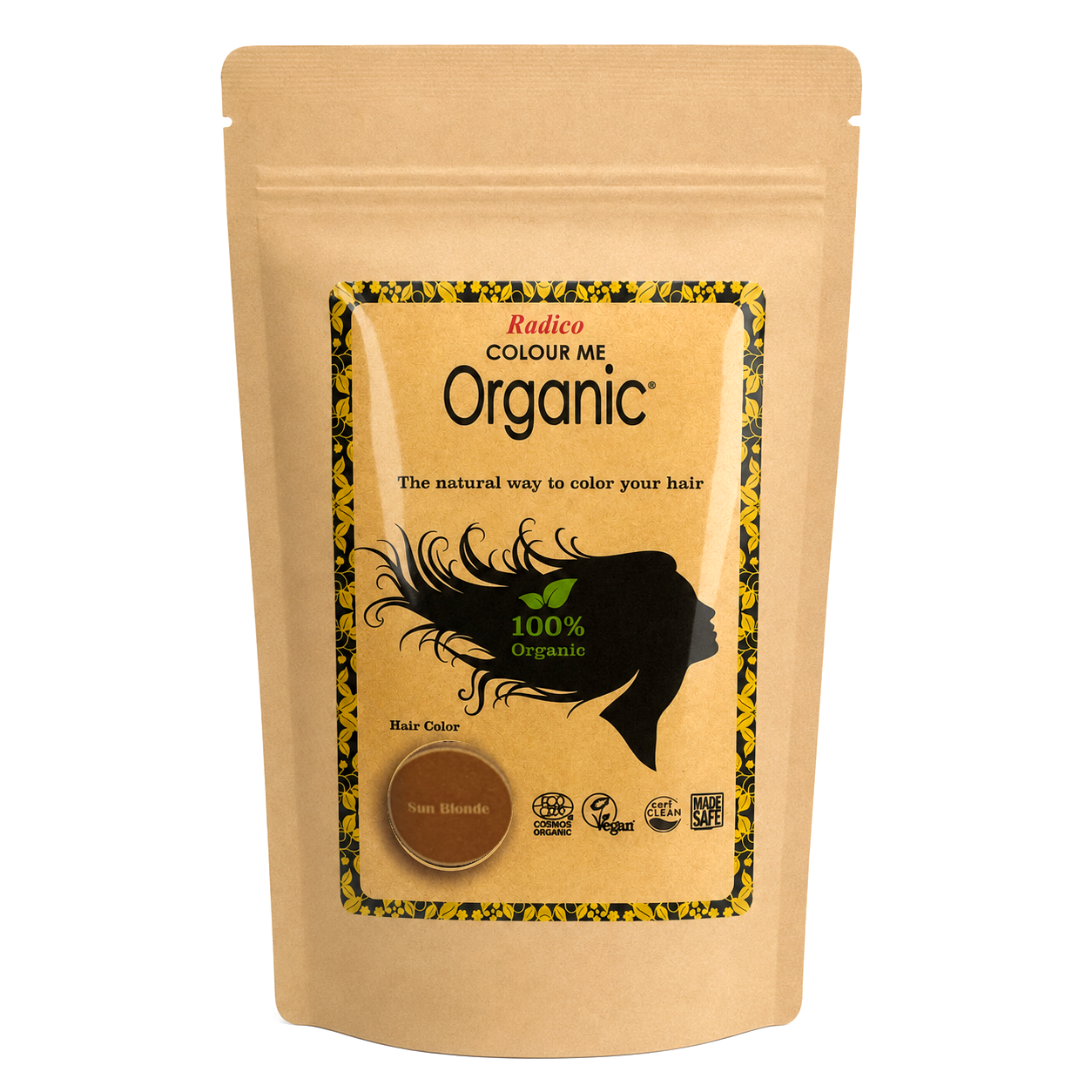 A stand-up kraft paper pouch of Radico Colour Me Organic hair color powder, shown against a plain white background. The packaging features a central label with a black silhouette of hair, a green leaf, and a brown powder swatch labeled 'Sun Blonde'.