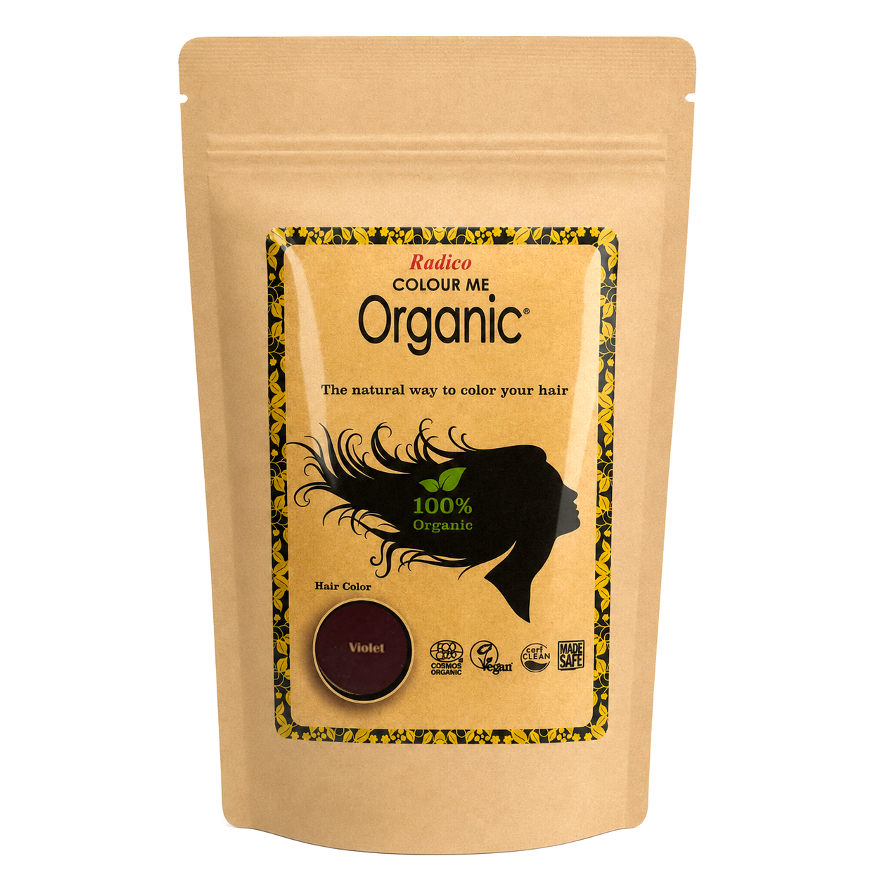 A stand-up kraft paper pouch of Radico Colour Me Organic hair color in the shade 'Violet', featuring a central label with a black hair silhouette and a circular violet color swatch.