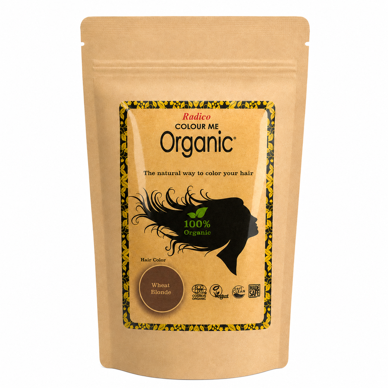 A stand-up kraft paper pouch of Radice Color Me Organic hair color in Wheat Blonde, featuring a central label with a black hair silhouette and a brown color circle.