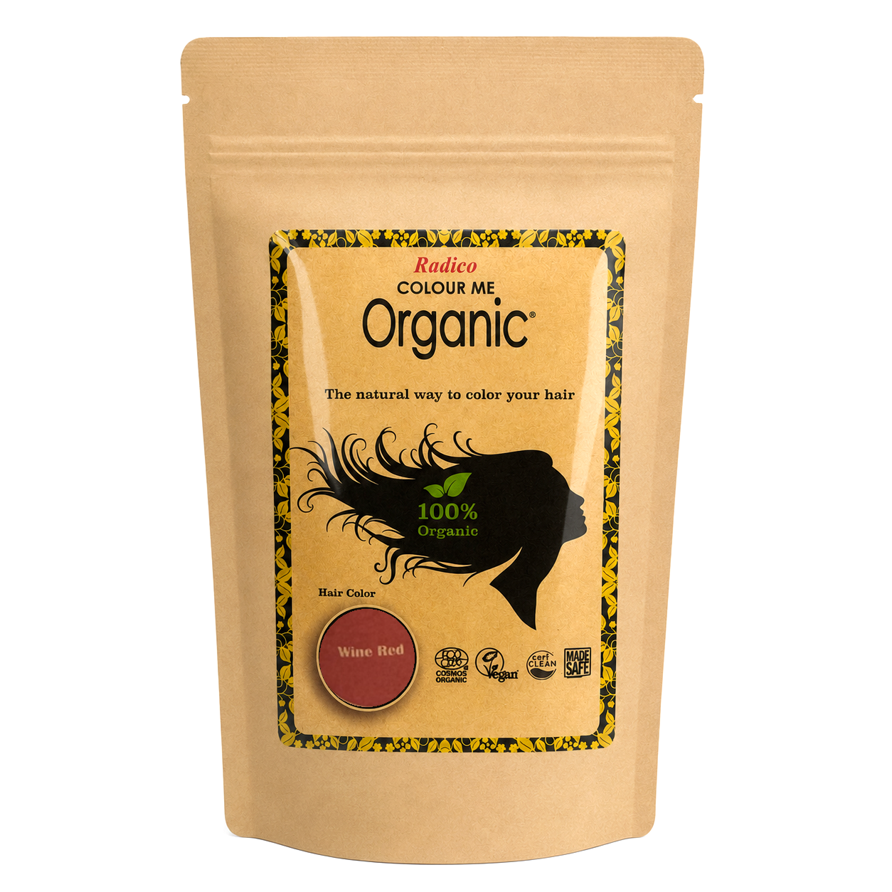 A stand-up kraft paper pouch of Radico Colour Me Organic hair dye in the shade 'Wine Red', shown against a plain white background.