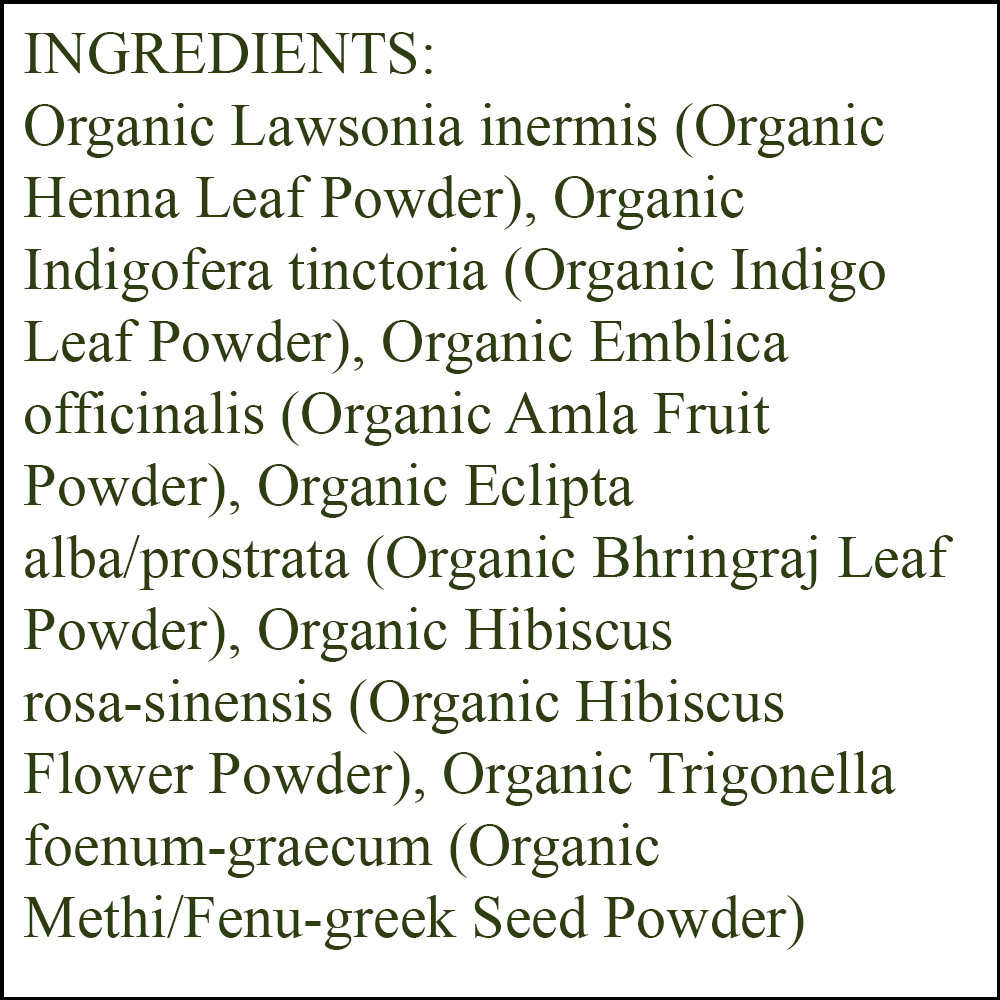 Organic Hair Color - Ingredients - Auburn Red - oraganic henna leaf powder - organic indigo leaf powder - organic amla fruit powder - organic bhringraj leaf powder - organic hibiscus flower powder - organic methi/fenu greek seed powder