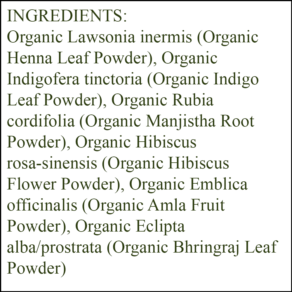 Organic Hair Color - Ingredients - Burgundy - organic henna leaf powder - organic indigo leaf powder - organic manjistha root powder - organic hibiscus flower powder - organic amla fruit powder - organic bhringraj leaf powder