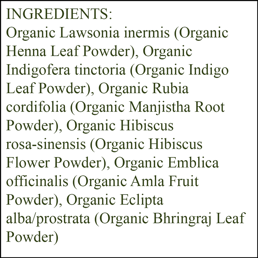 Organic Hair Color - Ingredients - Burgundy - organic henna leaf powder - organic indigo leaf powder - organic manjistha root powder - organic hibiscus flower powder - organic amla fruit powder - organic bhringraj leaf powder