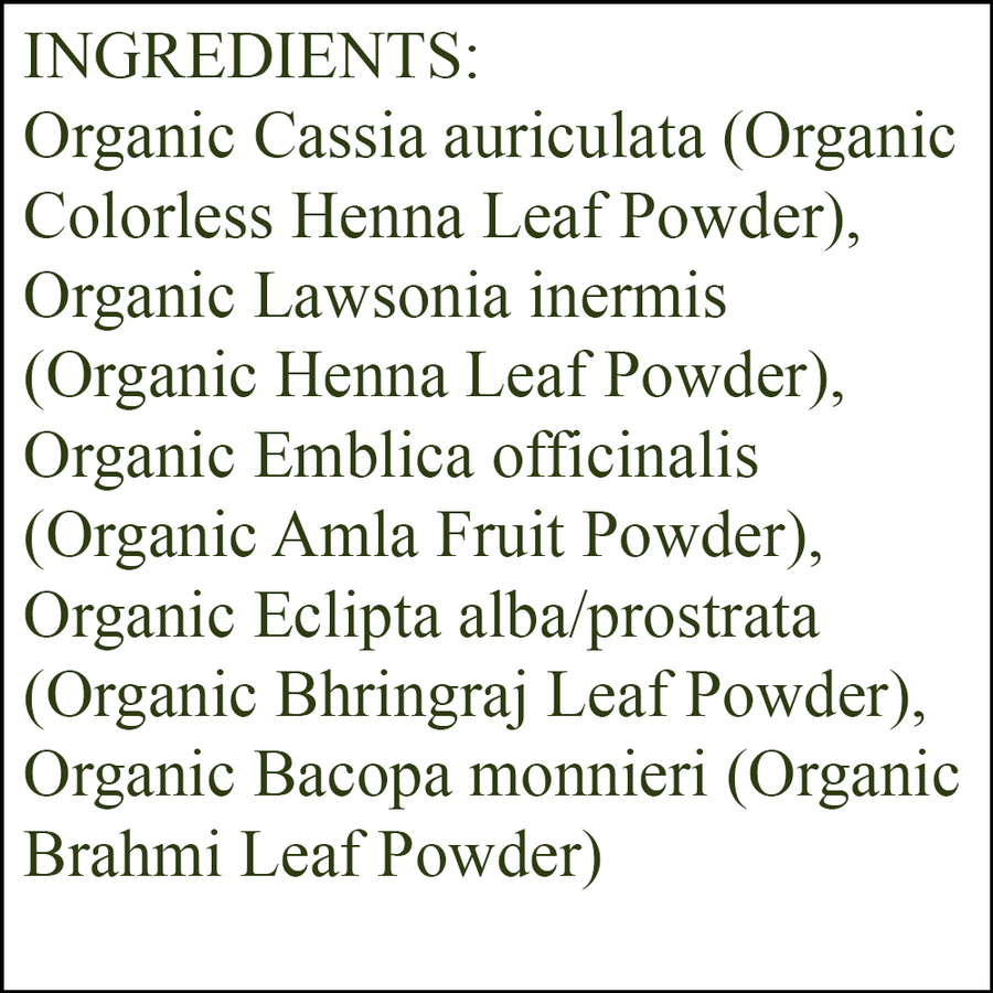 Organic Hair Color - Ingredients - Caramel Blonde - organic colorless henna leaf powder - organic henna leaf powder - organic amla fruit powder - organic bhringraj leaf powder - organic brahmi leaf powder