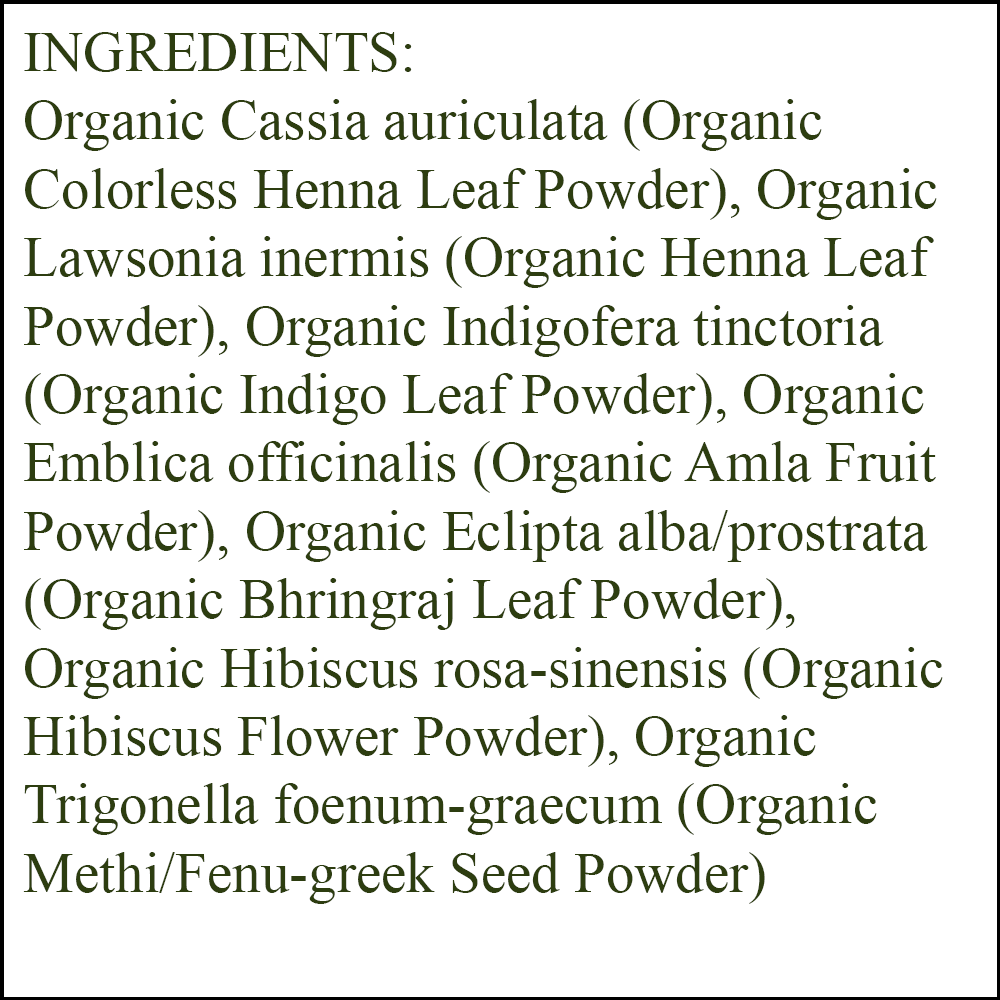 Organic Hair Color - Ingredients - Golden Blonde - organic colorless henna leaf powder - organic henna leaf powder - organic indigo leaf powder - organic amla fruit powder - organic bhringraj leaf powder - organic hibiscus flower powder - organic methi/fenu greek seed powder