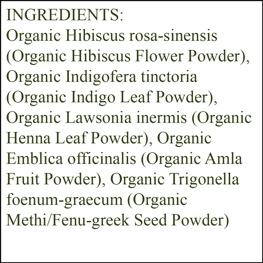 Organic Hair Color - Ingredients - Honey Blonde - organic hibiscus flower powder - organic indigo leaf powder - organic henna leaf powder - organic amla fruit powder - organic methi/fenu greek seed powder