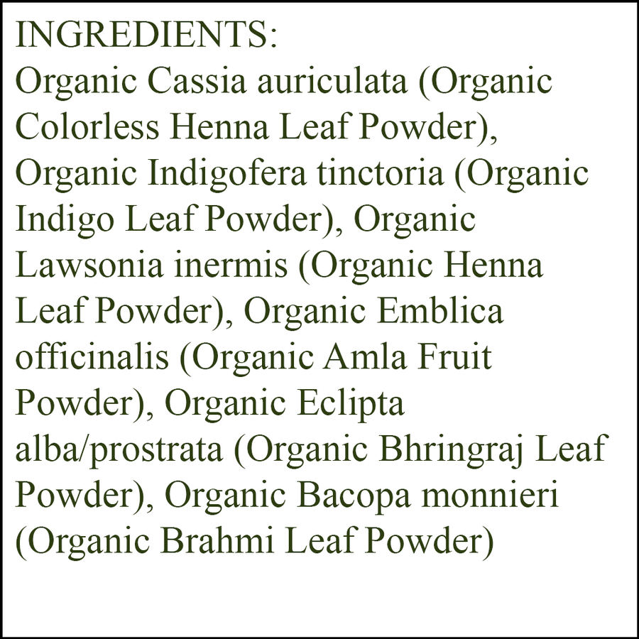 Organic Hair Color - Ingredients - Light Ash Blonde - organic colorless henna leaf powder - organic indigo leaf powder - organic henna leaf powder - organic amla fruit powder - organic bhringraj leaf powder - organic brahmi leaf powder