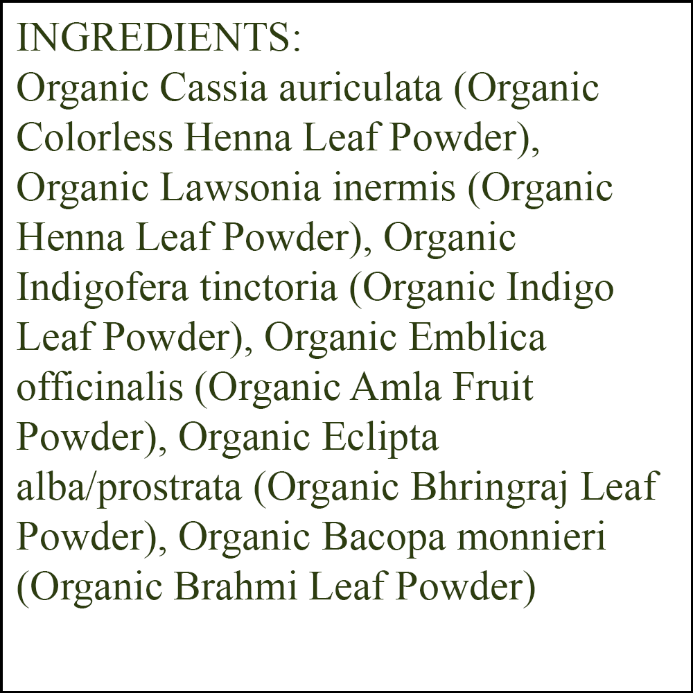 Organic Hair Color - Ingredients - Light Reddish Blonde - organic colorless henna leaf powder - organic henna leaf powder - organic indigo leaf powder - organic amla fruit powder - organic bhringraj leaf powder - organic brahmi leaf powder