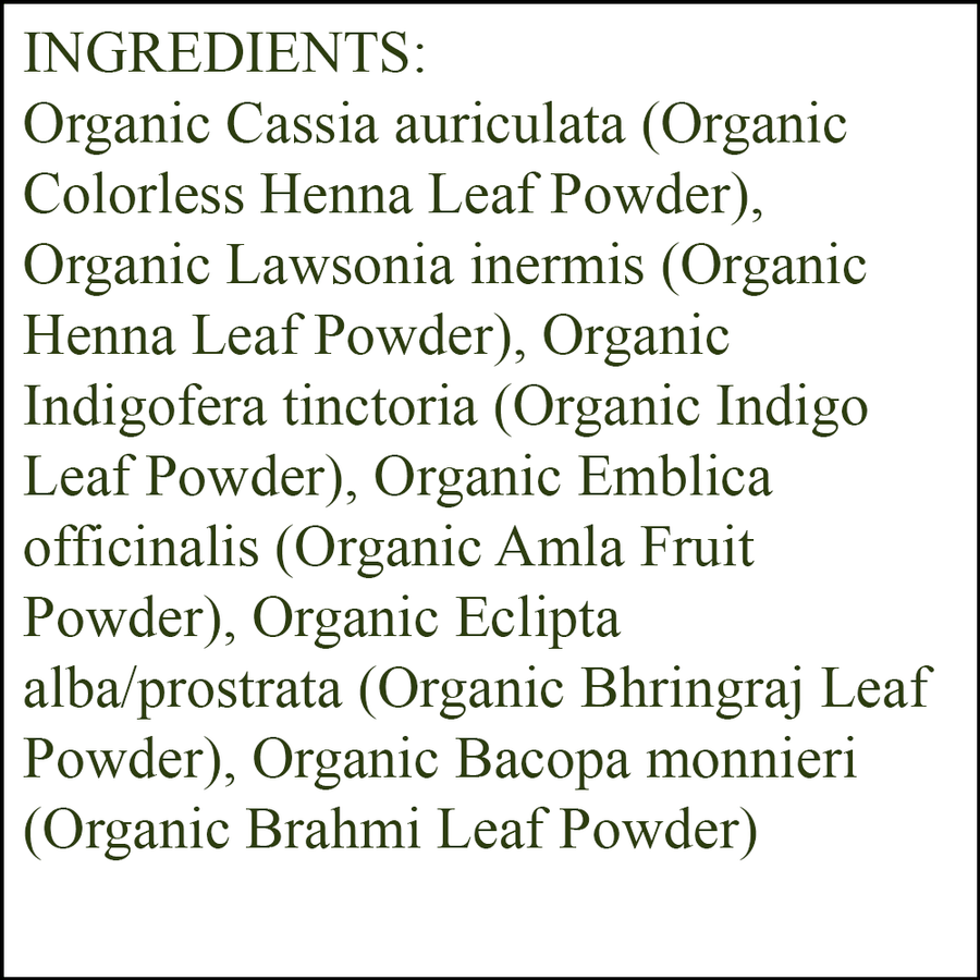 Organic Hair Color - Ingredients - Reddish Blonde - organic colorless henna leaf powder - organic henna leaf powder - organic indigo leaf powder - organic amla fruit powder - organic bhringraj leaf powder - organic brahmi leaf powder