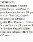Organic Hair Color - Ingredients - Soft Black - organic indigo leaf powder - organic henna leaf powder - organic manjistha root powder - organic amla fruit powder - organic bhringraj leaf powder