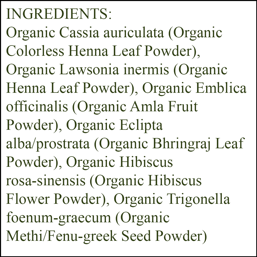Organic Hair Color - Ingredients - Strawberry Blonde - organic colorless henna leaf powder - organic henna leaf powder - organic amla fruit powder - organic bhringraj leaf powder - organic hibiscus flower powder - organic methi/fenu greek seed powder