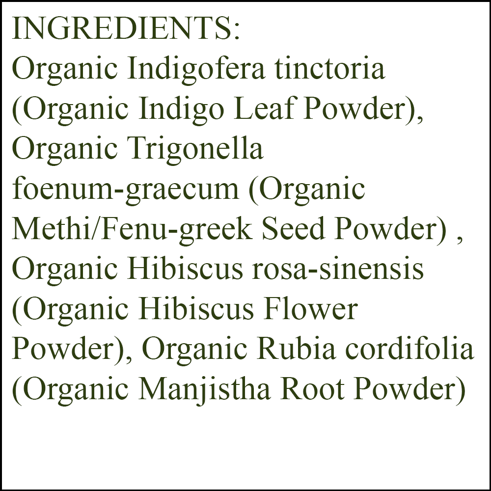 Organic Hair Color - Ingredients - Violet - organic indigo leaf powder - organic methi/fenu greek seed powder - organic hibiscus flower powder - organic manjistha root powder