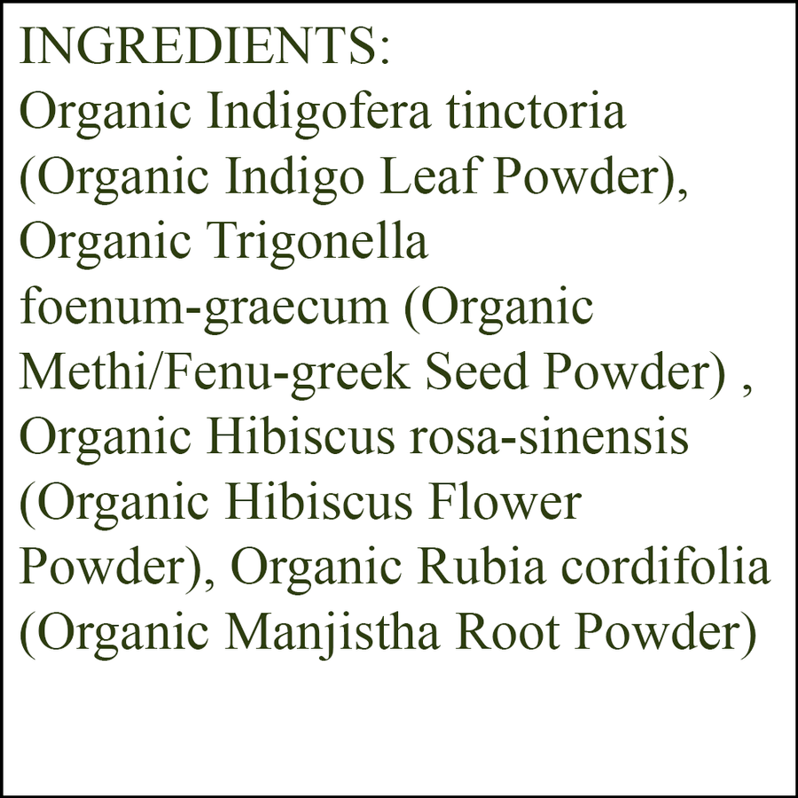 Organic Hair Color - Ingredients - Violet - organic indigo leaf powder - organic methi/fenu greek seed powder - organic hibiscus flower powder - organic manjistha root powder