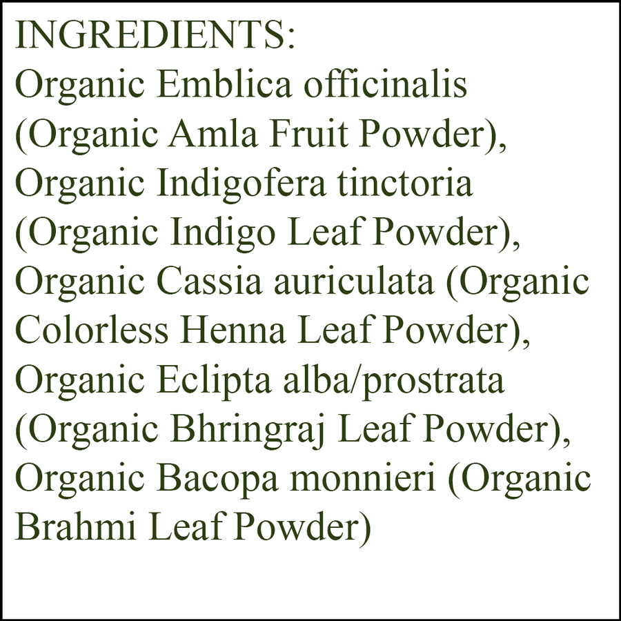 Organic Hair Color - Ingredients - Wheat Blonde - organic amla fruit powder - organic indigo leaf powder - organic colorless henna leaf powder - organic bhringraj leaf powder - organic brahmi leaf powder